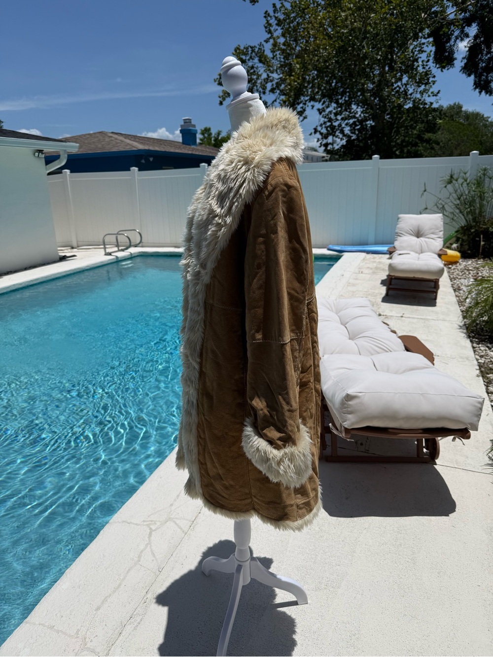 Penny Lane Brown Suede Shearling Coat with Cream Fur Trim - Picture 3 of 14